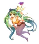  1girl artist_name bangs barefoot bettols black_shorts breasts cleavage collarbone dated earrings eyebrows_visible_through_hair floating_hair flower full_body green_eyes green_hair hair_ornament hand_on_own_knee hatsune_miku holding holding_flower jewelry long_hair looking_at_viewer medium_breasts purple_flower short_shorts shorts simple_background smile solo twintails very_long_hair vocaloid white_background yellow_bikini_top 