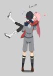  1boy 1girl absurdres black_hair boots brown_footwear carrying closed_eyes couple darling_in_the_franxx heart highres hiro_(darling_in_the_franxx) horns long_hair military military_uniform oni_horns pink_hair princess_carry runup_to_thestage_of_yourdream short_hair socks uniform white_footwear zero_two_(darling_in_the_franxx) 
