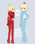  2boys 9_alpha ahoge alpha_omega_nova blonde_hair blue_eyes bodysuit company_connection cosplay costume_switch crossover darling_in_the_franxx directional_arrow green_eyes grey_background hand_on_hip highres look-alike looking_at_viewer looking_back male_focus mt.somo multiple_boys namesake pilot_suit rotating_light simple_background trigger_(company) uchuu_patrol_luluco 