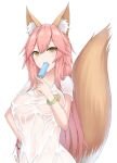  1girl animal_ears blush breasts collarbone fang fate/grand_order fate_(series) food food_in_mouth fox_ears fox_tail highres ice large_breasts long_hair pink_hair see-through see-through_silhouette shirt simple_background solo tail tamamo_(fate)_(all) tamamo_no_mae_(fate) tamamo_no_mae_(swimsuit_lancer)_(fate) very_long_hair wet wet_clothes wet_shirt wet_t-shirt white_background xiaobai_(cheng_pan) yellow_eyes 
