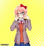  1girl ;) artist_name bespectacled black-framed_eyewear blue_eyes blue_skirt bow commentary doki_doki_literature_club english_commentary glasses hair_bow hand_on_own_face looking_at_viewer one_eye_closed outline pink_hair pleated_skirt red_bow savi_(byakushimc) sayori_(doki_doki_literature_club) school_uniform short_hair simple_background skirt smile solo upper_body white_outline yellow_background 