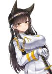 1girl absurdres animal_ears atago_(azur_lane) azur_lane bangs black_hair blush breasts brown_eyes closed_mouth eyebrows_visible_through_hair gloves gui_ss hair_ornament hair_ribbon hands_together highres large_breasts long_hair long_sleeves looking_at_viewer medal military military_uniform miniskirt mole mole_under_eye ribbon sidelocks simple_background skirt solo swept_bangs uniform upper_body white_background white_ribbon 