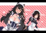  +_+ 2girls :d alternate_costume animal_ears apron ashisi azur_lane bare_shoulders belfast_(azur_lane) belfast_(azur_lane)_(cosplay) black_dress black_hair blake_belladonna blue_dress blush breasts broken broken_chain cat_ears chains cleavage collar corset cosplay diagonal-striped_background diagonal_stripes dress dutch_angle elbow_gloves enmaided frilled_gloves frilled_sleeves frills gloves grey_eyes hand_on_own_chest heart highres juliet_sleeves large_breasts letterboxed long_hair long_sleeves looking_at_viewer maid maid_headdress medium_breasts multiple_girls open_mouth pink_background puffy_sleeves ruby_rose rwby sheffield_(azur_lane) sheffield_(azur_lane)_(cosplay) shiny shiny_hair short_hair sleeve_cuffs sleeveless smile sparkling_eyes striped striped_background very_long_hair waist_apron white_apron yellow_eyes 