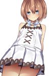  1girl arms_behind_back bare_shoulders blanc blancpig_yryr blue_eyes brown_hair cowboy_shot dress highres looking_at_viewer neptune_(series) short_hair simple_background smile solo spaghetti_strap white_background white_dress 