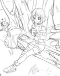  1girl avant_garde_(artist) bag bandage bandaged_leg bangs belt boots breasts collarbone commentary cross-laced_footwear crossed_ankles cup dress eyebrows_visible_through_hair forest holding kono_subarashii_sekai_ni_shukufuku_wo! lace-up_boots log megumin mismatched_legwear monochrome mug mushroom nature open_mouth short_hair_with_long_locks sitting sketch small_breasts solo tree 