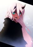  1girl black_robe blush commentary_request darling_in_the_franxx dated hair_between_eyes horns konshin long_hair looking_at_viewer open_mouth pink_hair red_pupils red_skin sharp_teeth signature solo teeth upper_body very_long_hair zero_two_(darling_in_the_franxx) 