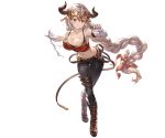  1girl aliza_(granblue_fantasy) bandage bandaged_arm bare_shoulders boots braid breasts cleavage collarbone draph full_body granblue_fantasy hair_ornament hair_ribbon horn horns large_breasts long_hair looking_to_the_side midriff minaba_hideo navel official_art pants pointy_ears red_eyes ribbon smile solo standing tank_top transparent_background very_long_hair white_hair 