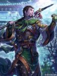  1boy architecture armor beard brown_eyes brown_hair cape clenched_hand clouds daisenran!!_sangokushi_battle east_asian_architecture facial_hair gloves green_cape green_gloves male_focus official_art outdoors over_shoulder polearm sheath sheathed smile solo spear standing sword tatsuya_(atelier_road) watermark weapon wide_sleeves 
