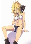  1girl bare_shoulders belt blonde_hair braid breasts cat covered_nipples denim denim_shorts fate/apocrypha fate_(series) fu-ta green_eyes grin highres jewelry midriff mordred_(fate) mordred_(fate)_(all) navel necklace ponytail shorts sitting smile teeth 