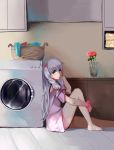  1girl absurdres bangs bare_shoulders barefoot blue_eyes bow bracelet breasts chinese_commentary closed_mouth commentary_request eromanga_sensei eyelashes flower from_side hair_bow hair_over_shoulder hand_in_hair hand_up highres indoors izumi_sagiri jewelry knee_up laundry laundry_basket leg_hug long_hair looking_at_viewer looking_to_the_side low-tied_long_hair off-shoulder_shirt on_floor pajamas pink_bow pink_flower pink_shirt shirt short_sleeves sidelocks silver_hair sitting sitting_on_floor small_breasts smile solo vase yya 