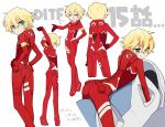  1boy 9_alpha :p blonde_hair bodysuit darling_in_the_franxx episode_number green_eyes male_focus mt.somo pilot_suit poses simple_background tongue tongue_out white_background 