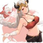  1girl aliza_(granblue_fantasy) bandage bandaged_arm bare_shoulders braid breasts collarbone covered_nipples granblue_fantasy grey_hair groin hair_ribbon headpiece highres horns koretsuki_azuma large_breasts long_hair navel pointy_ears red_eyes ribbon solo tank_top 