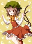  1girl :d animal_ears bow brown_eyes brown_hair cat_ears cat_tail chen fang frilled_skirt frills hands_up hat highres jewelry juliet_sleeves long_sleeves looking_at_viewer mob_cap multiple_tails open_mouth paw_background puffy_sleeves red_skirt ruu_(tksymkw) short_hair simple_background single_earring skirt skirt_set smile solo tail touhou two_tails yellow_background 