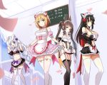  4girls animal_ears apron bangs bare_shoulders black_hair black_legwear black_skirt blonde_hair blue_eyes blunt_bangs blush bow breasts brown_hair cleavage detached_sleeves dress dress_lift evasong frilled_apron frilled_dress frilled_skirt frilled_sleeves frills garter_straps hair_between_eyes hair_bow haru_estia highres iris_yuma large_breasts lily_bloomerchen long_hair looking_at_viewer low-tied_long_hair maid_headdress medium_breasts midriff miniskirt multiple_girls navel open_mouth pink_dress purple_bow rabbit_ears red_bow red_eyes revealing_clothes shiny shiny_skin short_dress short_hair sidelocks silver_hair skirt small_breasts smile soul_worker standing stella_unibell thigh-highs tied_hair twintails waist_apron white_apron white_legwear yellow_eyes 