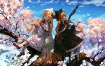  2girls black_dress black_footwear black_hat black_wings blonde_hair blue_sky blurry blurry_background bow capelet dappled_sunlight day dress eho_(icbm) feathered_wings flower hand_up hat hat_bow highres holding holding_flower in_tree lily_black lily_white long_hair long_sleeves looking_up multiple_girls outdoors pantyhose red_bow red_footwear sash shoes sky socks spring_(season) sunlight touhou tree white_dress white_flower white_hat white_legwear white_wings wide_sleeves wings 