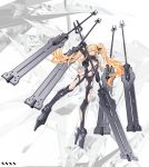  1girl blonde_hair boots breasts cancell from_below gloves hair_ribbon high_heel_boots high_heels highres long_hair looking_at_viewer mecha_musume medium_breasts original ribbon science_fiction solo sword twintails under_boob weapon yellow_eyes 