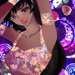  1girl armpits arms_up black_eyes black_hair commentary english_commentary hase_(nafela) long_hair looking_at_viewer multicolored multicolored_background original smile solo_focus tank_top upper_body 