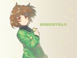  1other androgynous blush brown_background brown_hair chara_(undertale) closed_mouth colored_eyelashes copyright_name dutch_angle gradient gradient_background green_sweater heart heart_necklace jewelry long_sleeves looking_at_viewer oshiruko_(tsume) pendant petals red_eyes shiny shiny_hair short_hair smile sweater turtleneck undertale 
