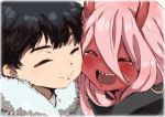  1boy 1girl black_hair blush buretaro closed_eyes coat couple darling_in_the_franxx fur_trim hiro_(darling_in_the_franxx) horns long_hair oni_horns parka pink_hair red_eyes short_hair tears zero_two_(darling_in_the_franxx) 