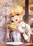  1girl ahoge alternate_costume artoria_pendragon_(all) bacon blonde_hair blush casual cheese collared_shirt dress_shirt eyebrows_visible_through_hair fate/stay_night fate_(series) food fried_egg green_eyes grey_jacket hamburger head_tilt highres holding holding_food jacket kurono_kito logo looking_at_viewer open_clothes open_jacket open_mouth plate reflection saber salad shiny shiny_hair shirt short_hair sidelocks sleeves_past_elbows solo table teeth two-handed upper_body watch watch white_shirt window wing_collar 