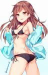  1girl arashio_(kantai_collection) ass bangs bikini black_bikini blush breasts brown_eyes brown_hair commentary_request eyebrows_visible_through_hair gradient gradient_background highres kantai_collection long_hair looking_back navel open_mouth small_breasts smile solo swimsuit swimsuit_under_clothes twitter_username unacchi_(nyusankin) 