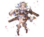  1girl bangs belt beret blonde_hair blue_eyes boots bow breasts closed_mouth cucouroux_(granblue_fantasy) detached_sleeves dress full_body granblue_fantasy gun hair_bow hat holding holding_weapon holster long_hair long_sleeves looking_at_viewer medium_breasts minaba_hideo overskirt petals rifle short_dress skirt sleeveless smile solo standing transparent_background twintails weapon 