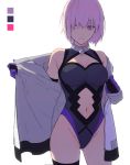  1girl ass_visible_through_thighs bare_shoulders black_legwear breasts cleavage cleavage_cutout closed_mouth color_guide cowboy_shot elbow_gloves embarrassed fate/grand_order fate_(series) gloves grey_jacket groin highleg highleg_leotard jacket leotard light_frown looking_away looking_to_the_side mash_kyrielight nakahara_(mu_tation) navel navel_cutout off_shoulder open_clothes open_jacket pink_hair purple_gloves purple_leotard short_hair simple_background single_thighhigh solo standing thigh-highs undressing unzipped violet_eyes white_background 
