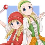  2girls bead_necklace beads blonde_hair blue_eyes braid dragon_quest dragon_quest_xi earrings hairband halsya hand_up hat highres jewelry medium_hair multiple_girls necklace puffy_short_sleeves puffy_sleeves red_hat scepter senya_(dq11) short_sleeves smile twin_braids veronica_(dq11) 