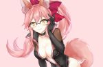  1girl animal_ears arm_up bangs black-framed_eyewear black_choker black_leotard bow breasts choker cleavage closed_mouth collarbone eyebrows_visible_through_hair fate/grand_order fate_(series) fox_ears fox_girl fox_tail glasses hair_between_eyes hair_bow large_breasts leaning_forward leotard long_hair no_bra over-kneehighs partially_unzipped pink_background pink_hair ponytail red_bow shiao sidelocks simple_background smile solo tail tamamo_(assassin)_(fate) tamamo_(fate)_(all) thigh-highs very_long_hair yellow_eyes 