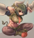  1girl abs animal_ears ankle_boots aurochs_(kemono_friends) bangs black_legwear boots breasts brown_eyes camouflage camouflage_shirt camouflage_skirt closed_mouth collared_shirt cow_ears cow_horns cow_tail crop_top dark_skin dated empty_eyes eyebrows eyebrows_visible_through_hair eyelashes eyes_visible_through_hair facing_away green_footwear green_hair green_shirt green_skirt groin hair_between_eyes hands_up hori_(hori_no_su) horns kemono_friends knees_apart_feet_together large_breasts leaning leaning_forward long_sleeves microskirt muscle muscular_female navel necktie pantyhose red_neckwear shirt short_hair short_sleeves signature sitting skirt smile solo stomach tail tail_raised v-shaped_eyebrows weapon 