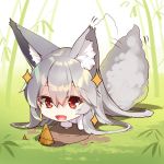  1girl :d absurdly_long_hair all_fours animal_ears bamboo bamboo_forest bamboo_shoot chibi day forest fox_ears fox_girl fox_tail japanese_clothes kimono long_hair long_sleeves nature open_mouth original outdoors red_eyes silver_hair smile solo sparkle tail very_long_hair white_kimono yuuji_(yukimimi) 