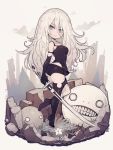  ass boots breasts elbow_gloves flower gloves grey_eyes katana long_hair looking_at_viewer medium_breasts nier_(series) nier_automata parororo rubble sword thigh-highs thigh_boots thighs weapon white_hair yorha_type_a_no._2 