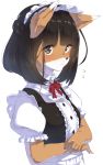  1girl animal_ears apron bangs black_hair braid brown_eyes buttons center_frills closed_mouth commentary_request crossed_arms dress flying_sweatdrops fox_ears fox_girl french_braid frills furry looking_at_viewer maid maid_apron maid_headdress neck_ribbon original puffy_short_sleeves puffy_sleeves red_ribbon ribbon short_hair short_sleeves simple_background solo upper_body waist_apron white_background yuki_arare 