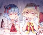  2girls ascot bangs bat_wings bed_sheet black_wings blonde_hair blue_hair bow brooch closed_mouth collared_shirt eyebrows_visible_through_hair flandre_scarlet hair_bow hair_ribbon highres indoors jewelry looking_at_viewer lying multiple_girls on_bed on_stomach one_side_up puffy_short_sleeves puffy_sleeves red_eyes red_neckwear red_ribbon red_skirt remilia_scarlet ribbon shiromoru_(yozakura_rety) shirt short_sleeves siblings sisters skirt skirt_set slit_pupils smile socks touhou vest white_bow white_legwear white_shirt wing_collar wings wrist_cuffs yellow_neckwear 