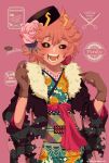  1girl :d ashido_mina black_sclera blush boku_no_hero_academia floral_print flower flower_on_head fur_trim gloves hair_ornament hat highres horns japanese_clothes kimono long_sleeves nanaminn open_mouth pink_background pink_hair pink_skin rose short_hair simple_background smile wide_sleeves yellow_eyes 