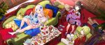  1boy 2girls bare_shoulders black_eyes black_hair blue_eyes book_stack bookshelf cake choker cup eyebrows_visible_through_hair flower food fork fuji_choko gloves green_eyes green_hair hair_flower hair_ornament hand_on_hip highres indoors kenja_no_deshi_wo_nanoru_kenja long_hair looking_at_viewer looking_up lying mira_(kenja) multiple_girls on_back plant potted_plant saucer shoes_removed silver_hair sitting standing tea teacup teapot white_gloves 