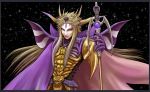  1boy armor blonde_hair blue_eyes cape commentary_request dissidia_final_fantasy emperor_(ff2) final_fantasy final_fantasy_ii horns jewelry lipstick long_hair makeup necklace solo staff star starry_background 