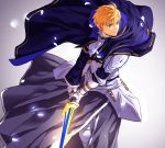  1boy absurdres armor blonde_hair blue_cape cape excalibur_(fate/prototype) fate/prototype fate_(series) gauntlets green_eyes grey_skirt highres holding holding_sword holding_weapon long_skirt loon_7774 male_focus saber_(fate/prototype) skirt solo spaulders spiky_hair sword weapon 