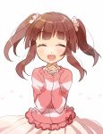  1girl :d ^_^ bangs blush brown_hair closed_eyes eyebrows_visible_through_hair facing_viewer frilled_shirt frills hands_clasped idolmaster idolmaster_cinderella_girls long_sleeves miyuara musical_note ogata_chieri open_mouth own_hands_together pink_shirt pink_skirt shirt sidelocks simple_background skirt sleeves_past_wrists smile solo striped striped_shirt twintails white_background 