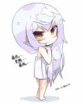  1girl azuma_lim azuma_lim_channel bangs bare_arms bare_shoulders blush brown_eyes chibi eyebrows_visible_through_hair hair_between_eyes long_hair looking_at_viewer looking_to_the_side naked_towel signature silver_hair solo tanyatonya towel translation_request v-shaped_eyebrows very_long_hair virtual_youtuber wet wet_hair white_background 