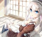  1girl 9a-91_(girls_frontline) alternate_costume apron bangs bed_sheet black_bow black_ribbon blue_eyes blush bow breasts closed_mouth collar collarbone curtains day dress eyebrows_visible_through_hair frilled_dress frills garter_straps girls_frontline gradient hair_between_eyes hair_bow hair_ornament head_tilt highres indoors juliet_sleeves long_hair long_sleeves looking_at_viewer maid maid_apron maid_dress maid_headdress medium_breasts neck_ribbon on_bed open_mouth pillow ponytail puffy_sleeves ribbon silver_hair sitting skindentation smile solo sunlight thigh-highs thighs very_long_hair white_legwear window xin_(zinc) 