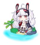  1girl ahoge animal_ears azur_lane bailingxiao_jiu bangs bikini_top black_footwear black_hairband black_jacket blush bottle chibi coconut coconut_tree eyebrows_visible_through_hair glass_bottle hair_ornament hairband heart heart-shaped_pupils holding holding_bottle island jacket laffey_(azur_lane) long_hair long_sleeves open_clothes open_jacket palm_tree pleated_skirt rabbit_ears red_eyes remodel_(azur_lane) rock shoes silver_hair sitting skirt solo symbol-shaped_pupils tree twintails very_long_hair water white_background white_bikini_top white_skirt 