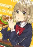  1girl background_text beef black_jacket blazer blonde_hair blush bow bowtie cheese collared_shirt dutch_angle eating english eyebrows_visible_through_hair food food_on_face hamburger holding holding_food jacket long_sleeves looking_at_viewer original red_bow red_neckwear salad school_uniform shiny shiny_hair shirt short_hair solo sparkle table teshima_nari tomato two-handed v-shaped_eyebrows 