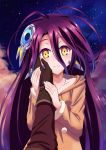  1girl absurdres brown_gloves brown_sweater clouds collarbone freekenji422 gloves hair_between_eyes hand_on_another&#039;s_cheek hand_on_another&#039;s_face highres long_hair looking_at_viewer no_game_no_life outdoors purple_hair shuvi_(no_game_no_life) sky smile star_(sky) starry_sky sweater very_long_hair yellow_eyes 