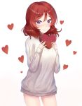  1girl atychi blush box gift gift_box heart heart-shaped_box highres looking_at_viewer love_live! love_live!_school_idol_project naked_sweater nishikino_maki redhead short_hair solo sweater valentine violet_eyes 