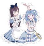  2girls alice_(wonderland) alice_(wonderland)_(cosplay) animal_ears apron armband arms_up bangs black_ribbon blue_bow blue_dress blue_hair blue_hairband blue_stripes blush bow checkered closed_mouth collar cosplay diamond_(shape) dress earrings eyebrows_visible_through_hair finger_to_chin frilled_apron frilled_collar frilled_dress frills green_eyes hair_between_eyes hair_bow hairband heart heart_earrings heart_print holding_ears jewelry long_hair looking_at_another looking_to_the_side maid_apron multiple_girls neck_ribbon nervous nervous_smile one_side_up open_mouth playing_card_theme pocket_watch puffy_short_sleeves puffy_sleeves rabbit_ears ribbon ribbon-trimmed_dress short_sleeves simple_background sketch_eyebrows sleeve_ribbon sleeveless sleeveless_dress spade_(shape) sweatdrop thinking very_long_hair violet_eyes waist_apron watch white_apron white_armband white_background white_collar 