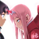  1boy 1girl black_hair blue_eyes blush couple darling_in_the_franxx green_eyes hiro_(darling_in_the_franxx) hori_shin horns long_hair looking_at_another oni_horns pilot_suit pink_hair short_hair signature zero_two_(darling_in_the_franxx) 