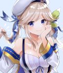  /\/\/\ 1girl bangs bare_shoulders beret blue_background blue_ribbon blush breasts cleavage collarbone cucouroux_(granblue_fantasy) detached_sleeves eyebrows_visible_through_hair granblue_fantasy hair_ribbon hand_on_own_cheek hat highres holding holding_hair jacket long_hair long_sleeves medium_breasts myusha off_shoulder open_clothes open_jacket ribbon shiny shiny_hair simple_background solo swept_bangs tareme twintails upper_body white_hat white_jacket 