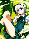  1girl bangs blue_eyes blush eyebrows_visible_through_hair finger_to_mouth greyscale highres index_finger_raised kneehighs konpaku_youmu konpaku_youmu_(ghost) looking_at_viewer monochrome sazanami_mio sheath sheathed short_hair silver_hair sitting solo thighs touhou 