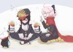  2girls barefoot_sandals black_hair blush boots cape chibi cosplay costume_switch fate/grand_order fate_(series) gloves haori japanese_clothes keikenchi_(style) kimono multiple_girls nejikyuu oda_nobunaga_(fate) oda_uri okita_souji_(fate) pink_hair red_eyes short_kimono simple_background yellow_eyes 